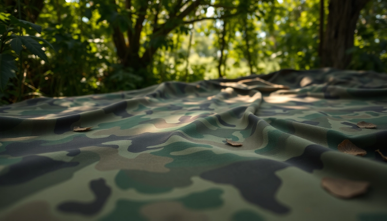 Bekijk camouflage stoffen met unieke texturen en aardetinten in een natuurlijke setting.
