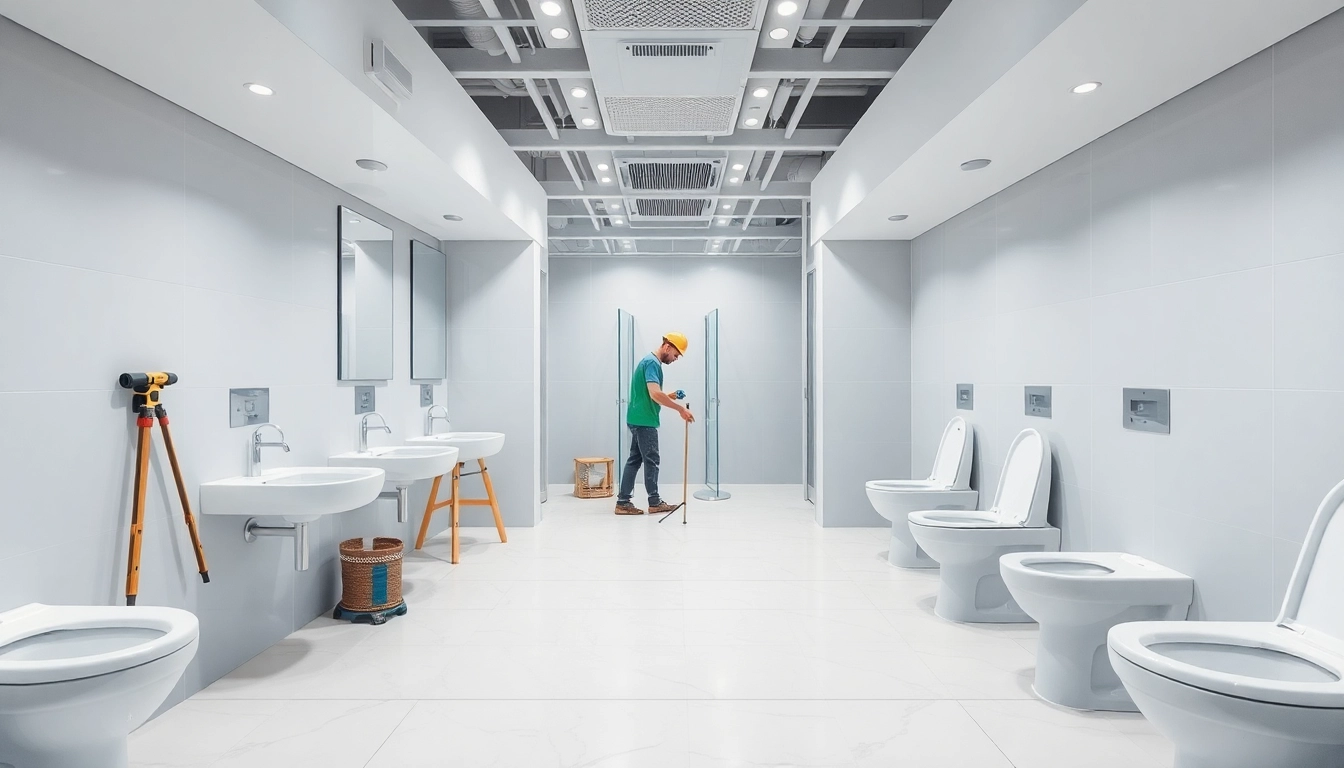 Commercial toilet refurbishment in a modern restroom with eco-friendly fixtures and professional atmosphere.