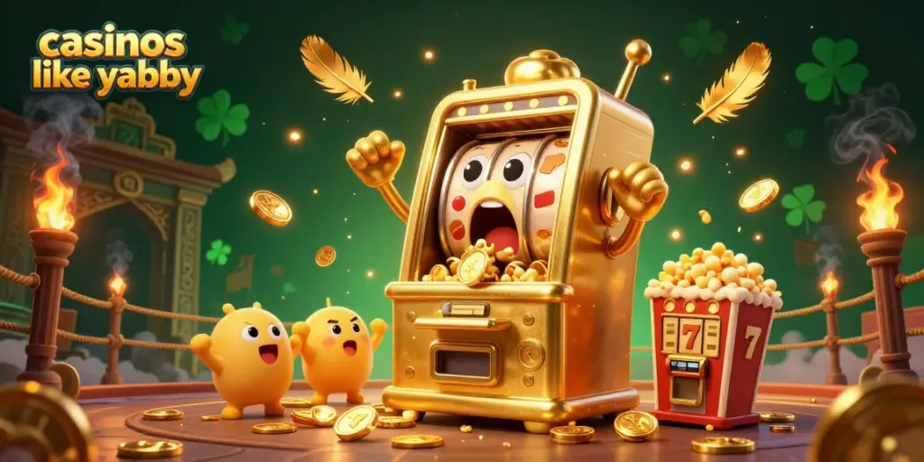 Play and win at casinos like yabby with a lively scene of animated slot machines celebrating a jackpot.