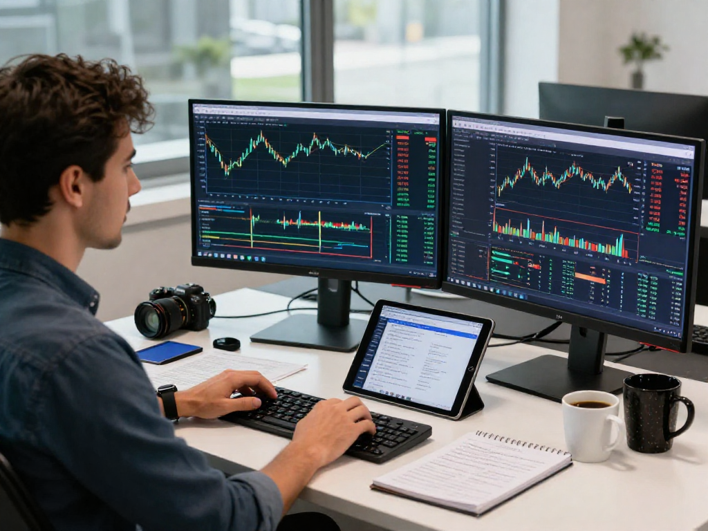 Trader using MetaTrader 5 with multiple screens and charts in a modern office environment.