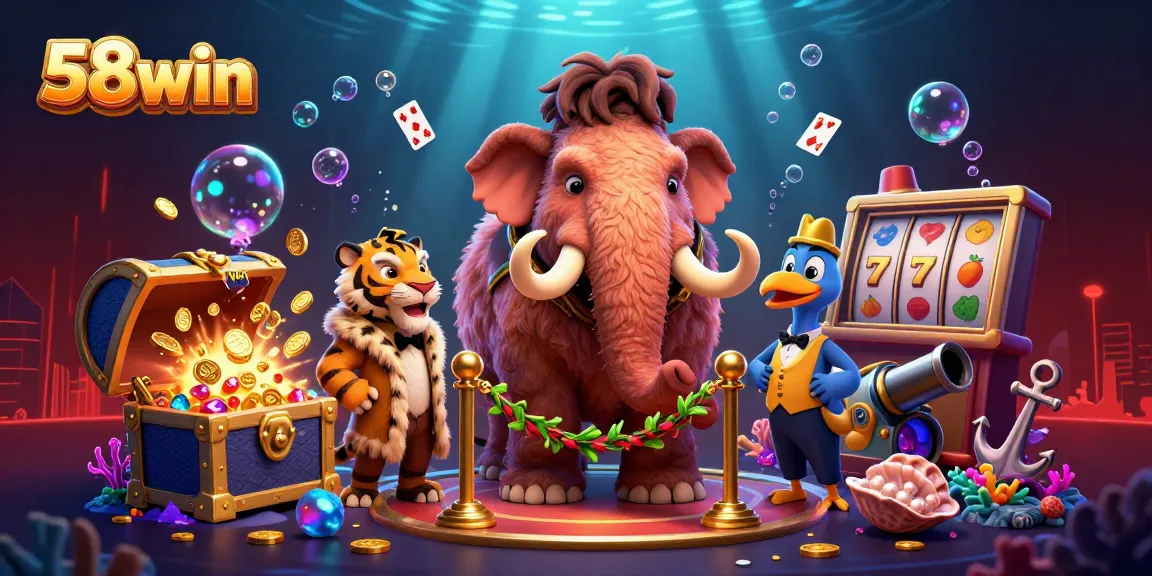 58win casino scene featuring a woolly mammoth bouncer, saber-tooth VIP, and rich treasures