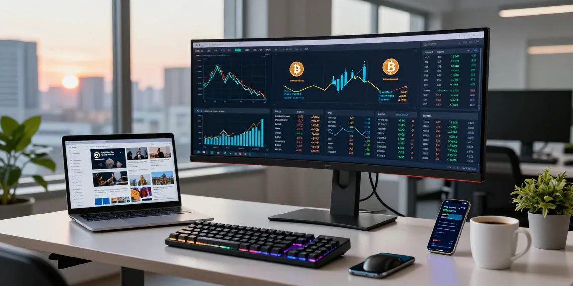 Best cloud mining workspace with live cryptocurrency trading and DeFi tracking in a modern office.