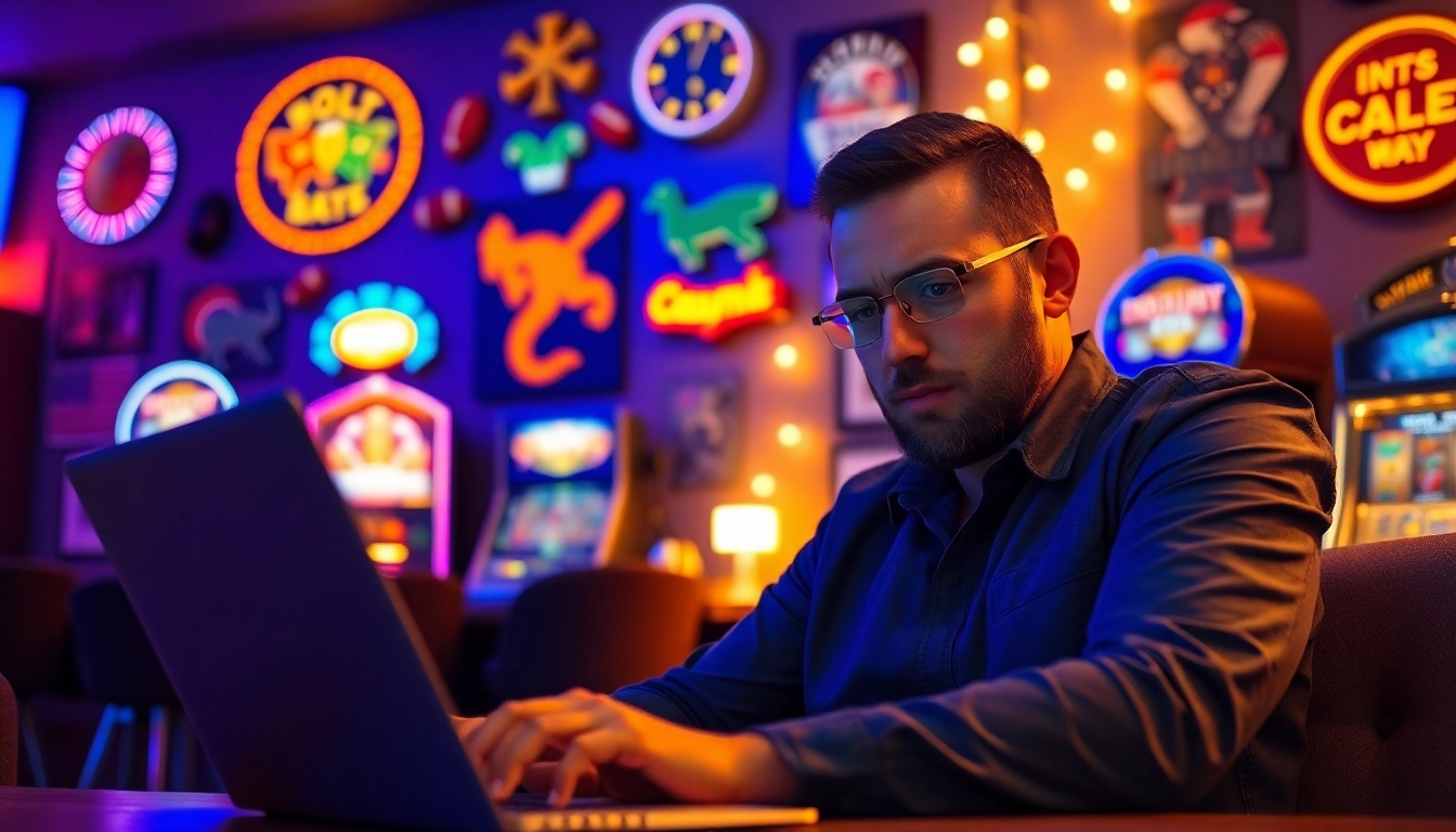 Explore online casinos for South Carolina with a focused gambler at a laptop, surrounded by sports memorabilia.