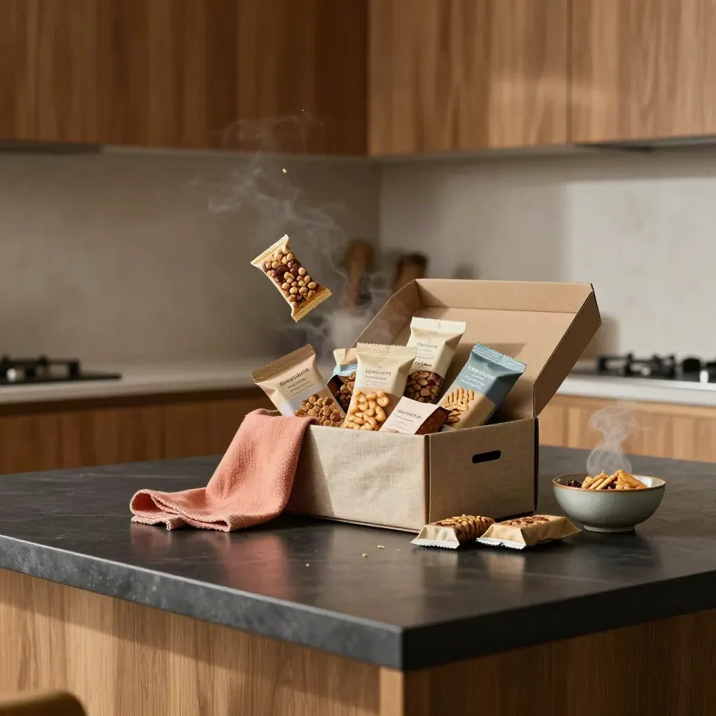 Open snack box spilling bars and crackers on a dark kitchen island, coral towel, soft steam
