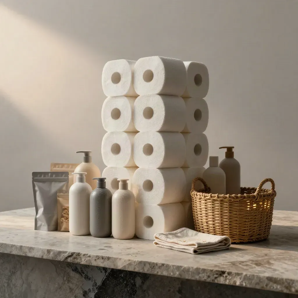 Oversized home basics pack with towels, snacks, body wash, dish soap and basket on pale stone.