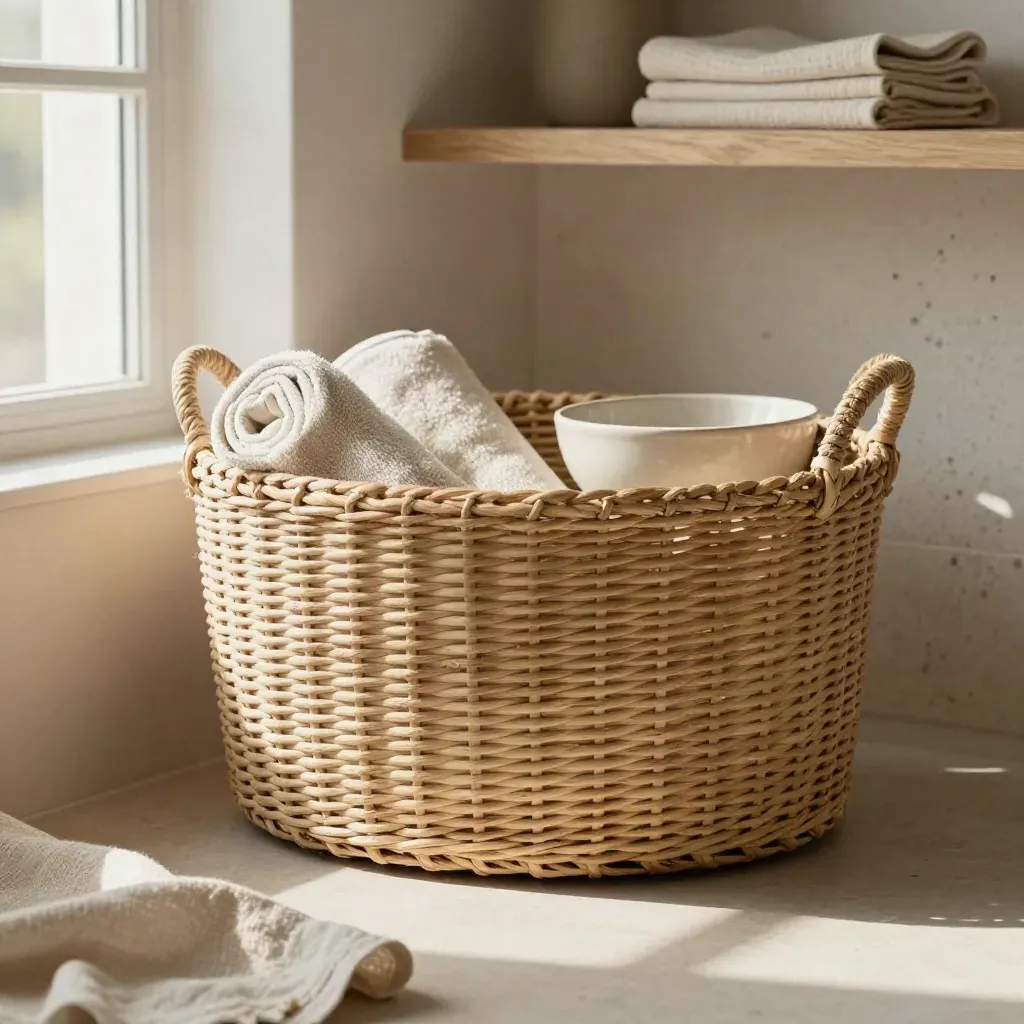 Woven basket with towels, linen and ceramic bowl in a soft travertine corner.
