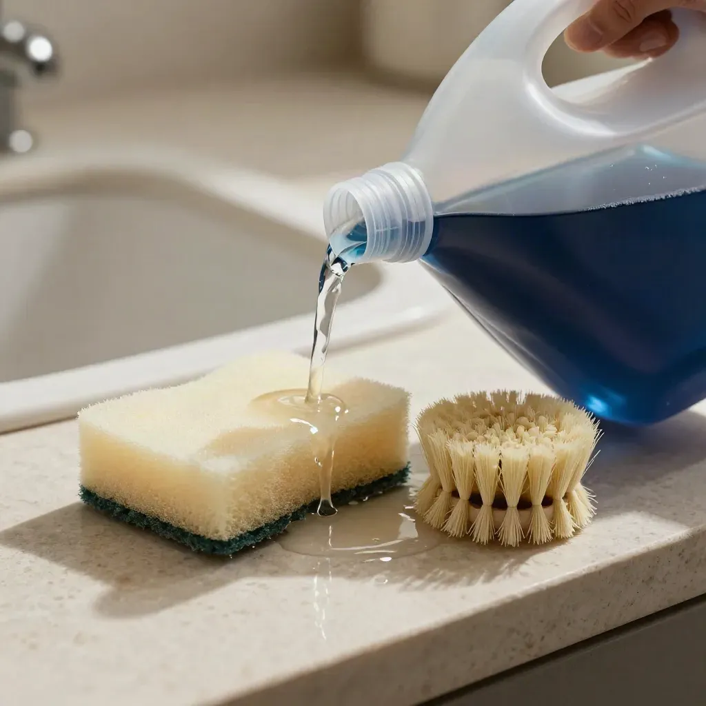 Dish soap refill jug pouring beside sponge, brush, and sink edge in a crisp macro flatlay