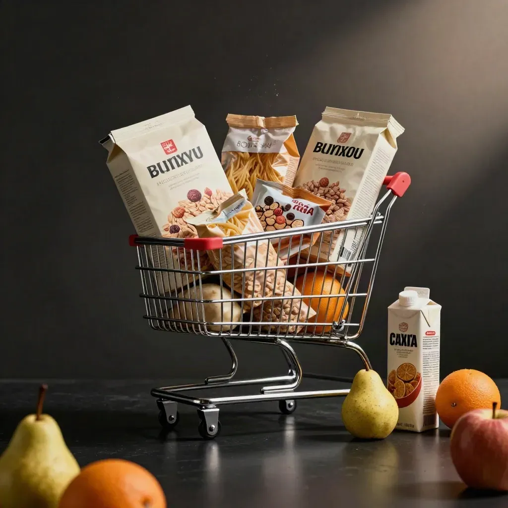 Overflowing grocery cart with cereal, pasta, snacks, juice cartons and fruit in a dark studio