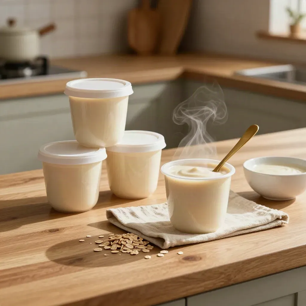 Stack of steaming oatmeal cups with spoon, oats, and cream bowl on a warm kitchen counter.