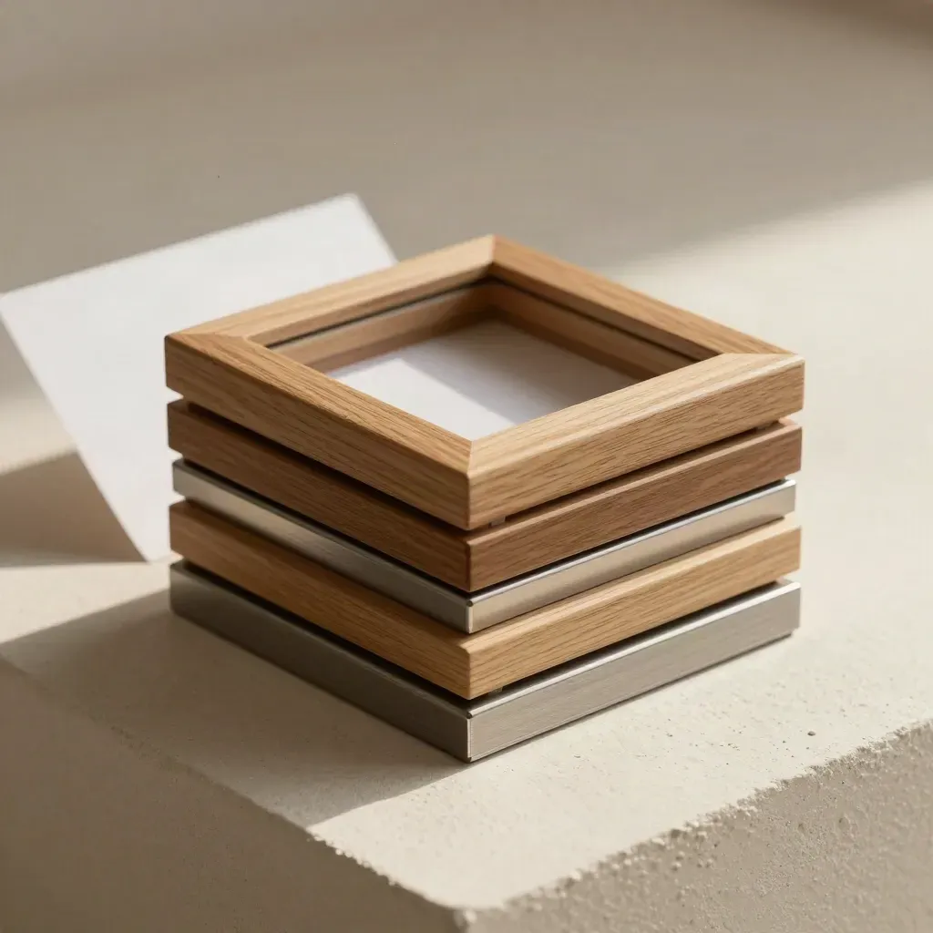 Four blank mini picture frames in oak and brushed metal on a plaster slab
