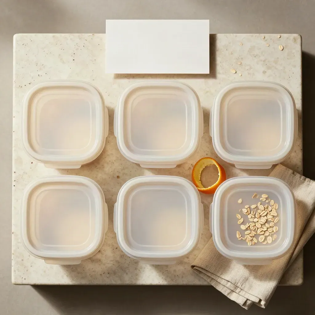 Overhead flatlay of five clear food containers, citrus peel curls, and a linen napkin on pale stone.