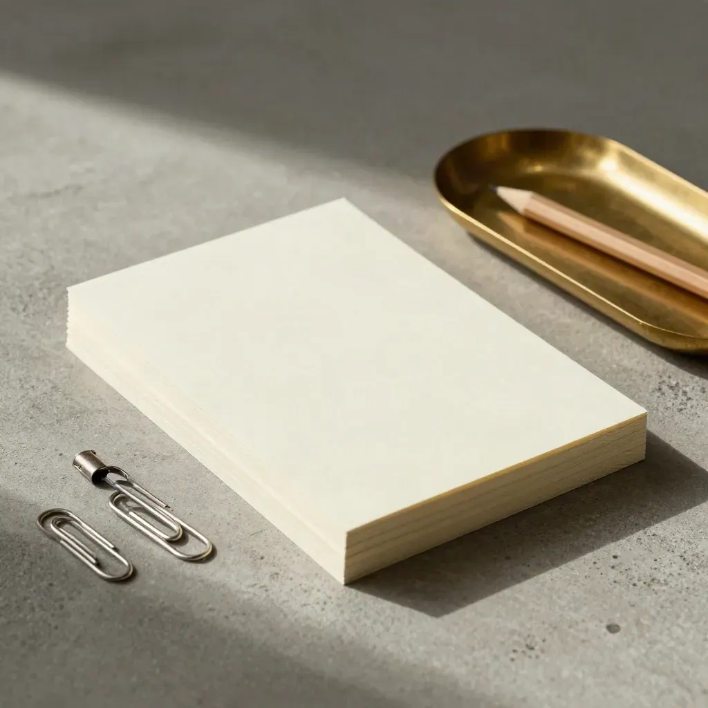 Blank notepad pads with pencil, paper clips and brass tray on concrete, overhead flatlay