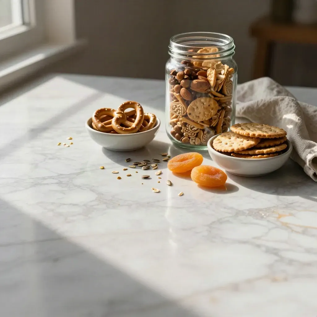 Snacks in bowls and a glass jar on a sunlit marble surface