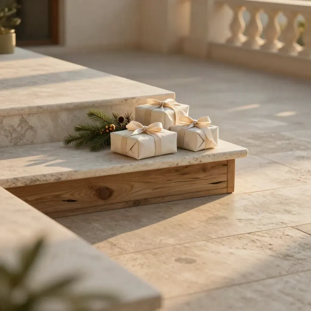 Sunlit terrace with wrapped gifts and evergreen sprigs, warm haze, open space for copy.
