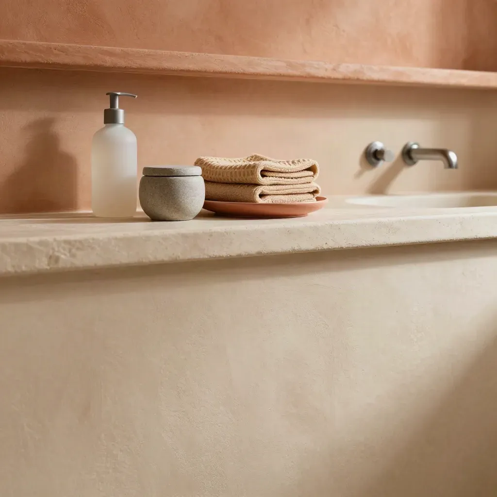 Spa bathroom ledge with frosted bottles, towel stack, and soft side light.