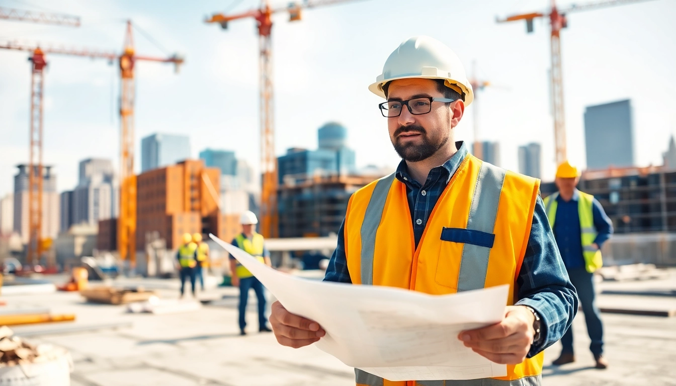 New York General Contractor reviewing blueprints at a vibrant construction site with a team.