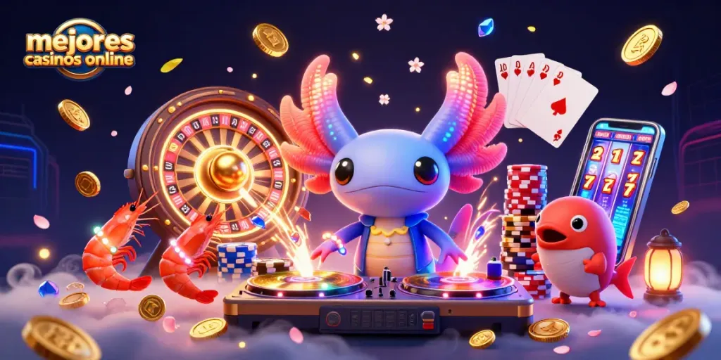 Los mejores casinos online iluminan la escena con un DJ axolote y monedas doradas que giran.