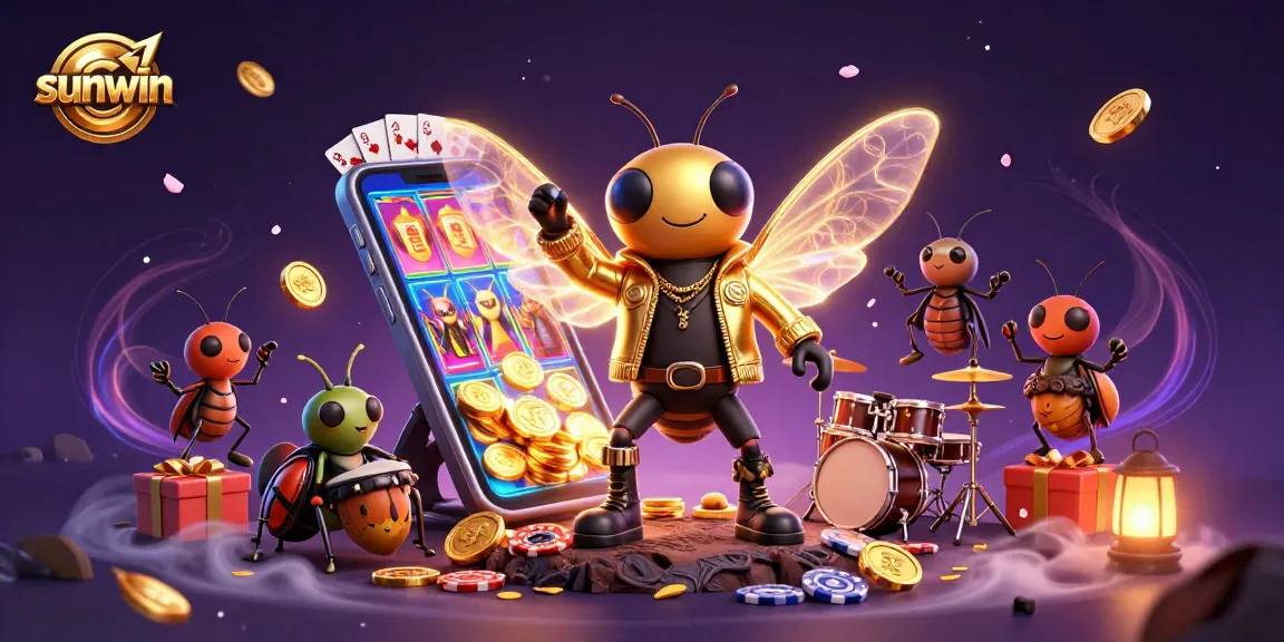 Experience winning action with sunwin, featuring rock star characters and vibrant casino elements.