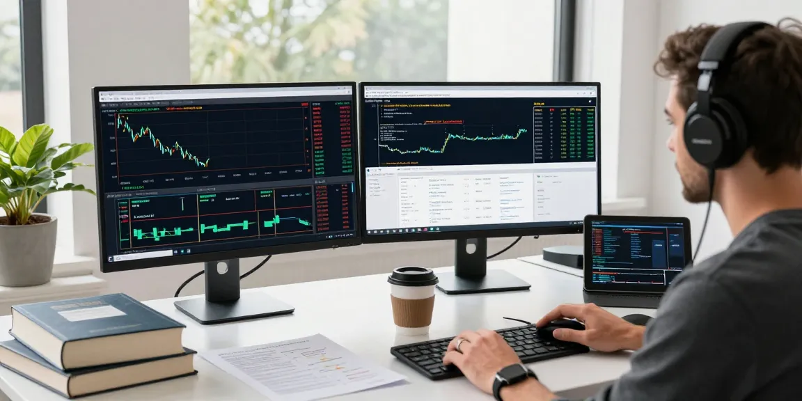 Forex trader utilizing mt4 on dual monitors in a modern office setting with trading tools and charts.