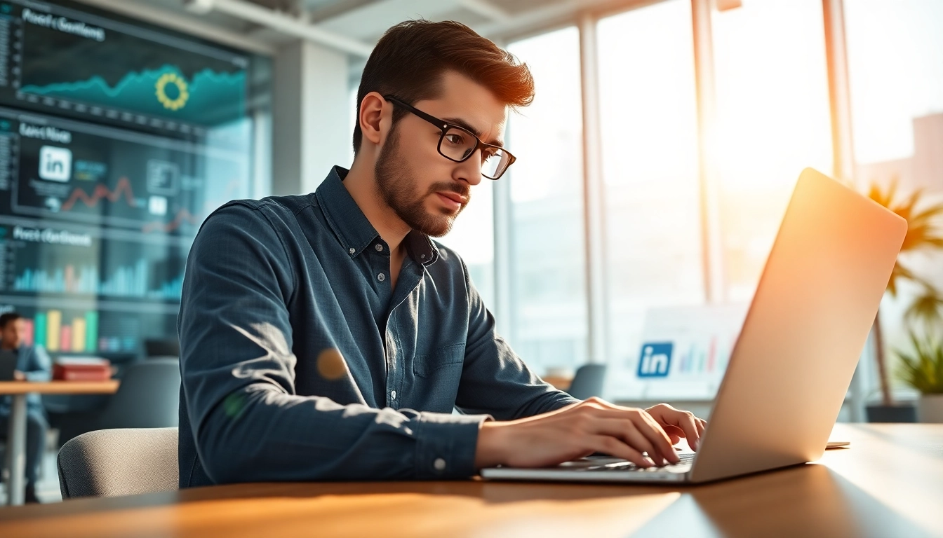 Data analyst utilizing tools to scrape linkedin and sales navigator leads in a bright office.