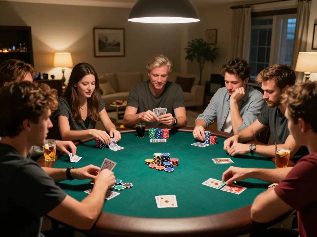 Friends enjoying a fun poker game night at home while using jmb88 strategies for strategic gameplay.