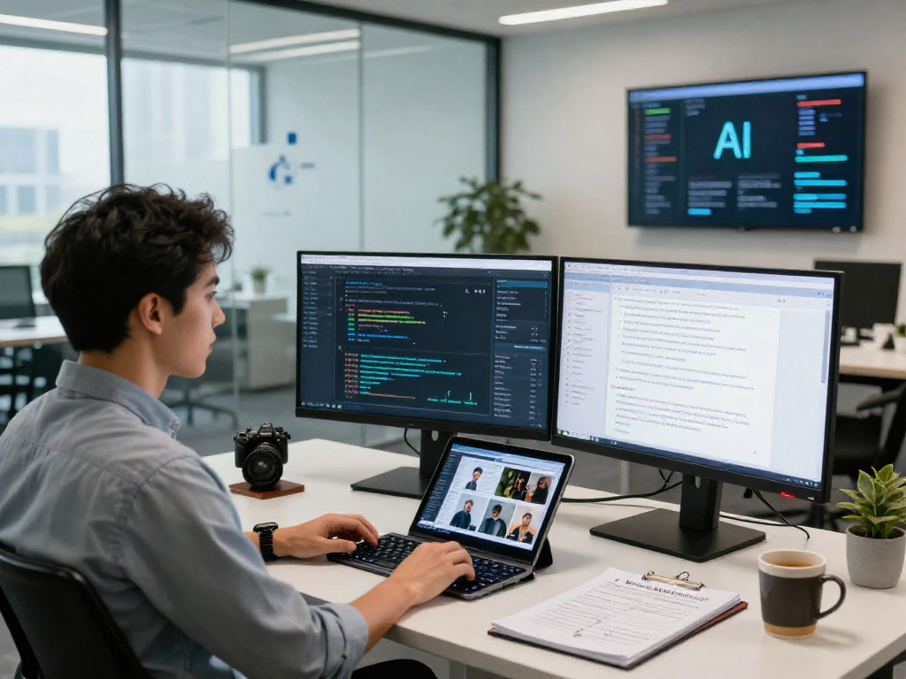 Advanced AI detector in action, showcasing a data scientist analyzing real-time AI analytics.