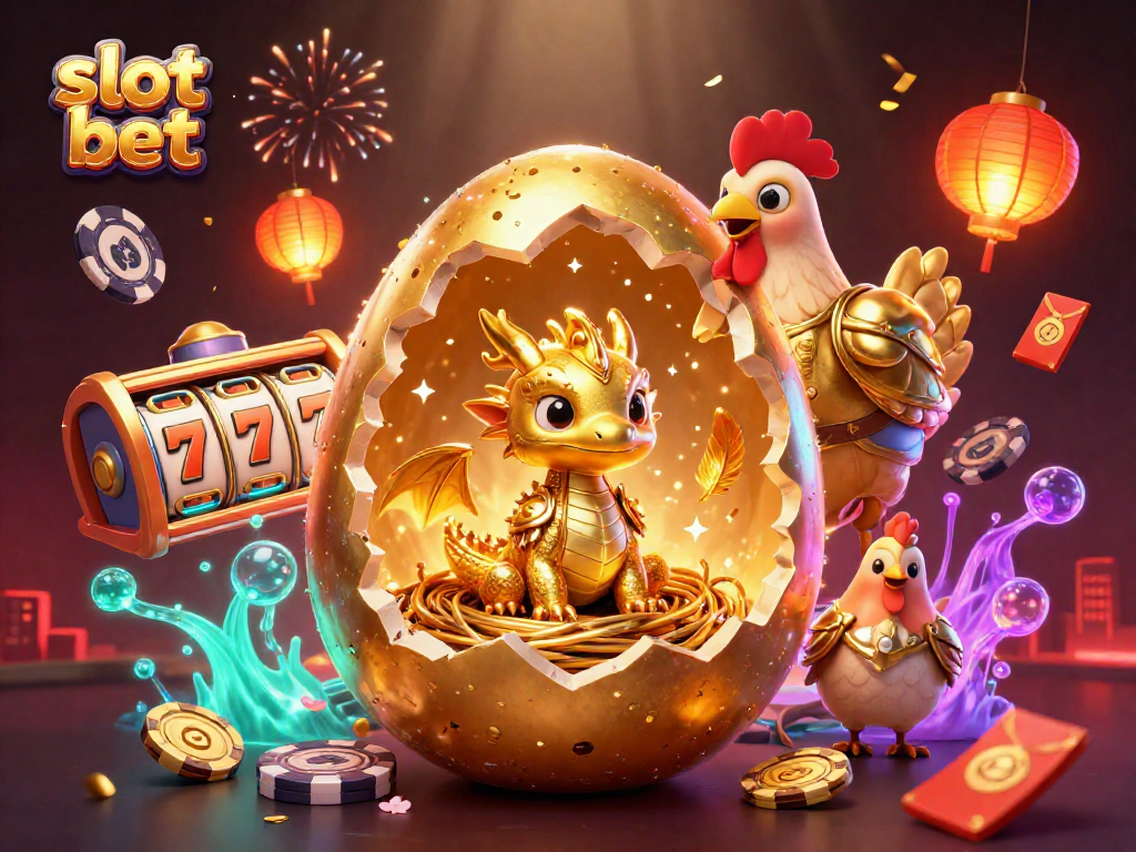 Slot bet menghadirkan seekor naga emas yang terlahir dari telur raksasa, dikelilingi simbol slot dan koin keberuntungan.