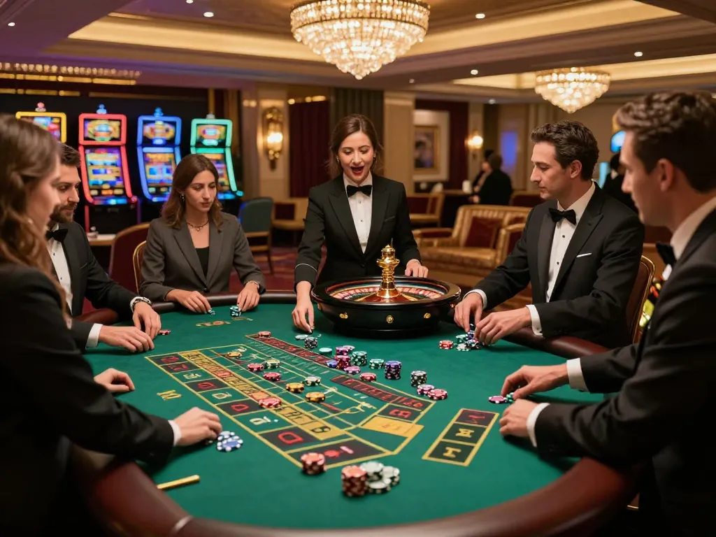 Players engage in high-stakes roulette at fly88's upscale casino, showcasing vibrant betting activity.