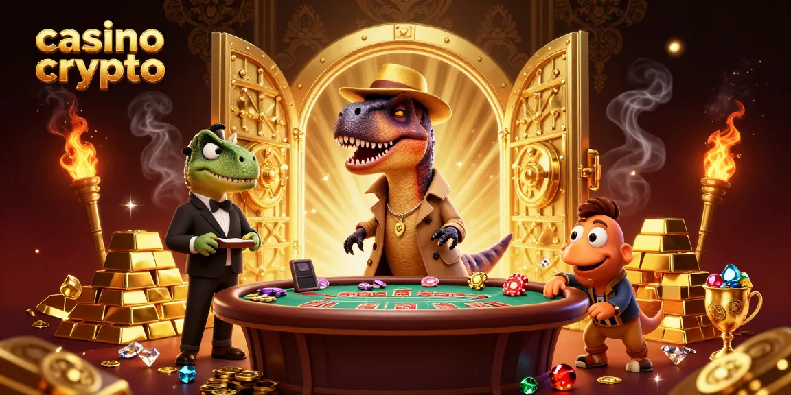 Scopri il mondo del casino crypto con un velociraptor e un pit boss, immersi in un ambiente di gioco brillante e ricco di dettagli.