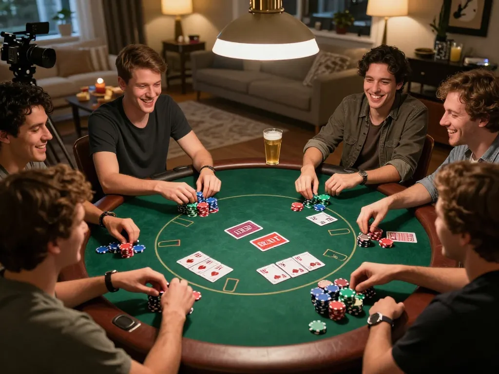 Players engaging in a lively home poker night, showcasing the 123b-bm casino experience with vibrant chips and friendly competition.