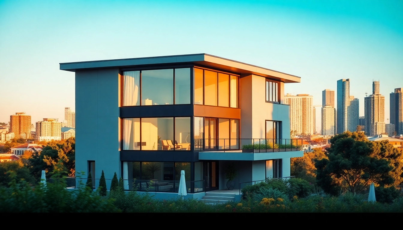 Real Estate modern home surrounded by vibrant urban landscape in bright daylight.