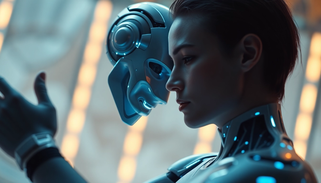 Intimate interaction showcasing ai sex between a digital AI figure and a human in a futuristic setting.