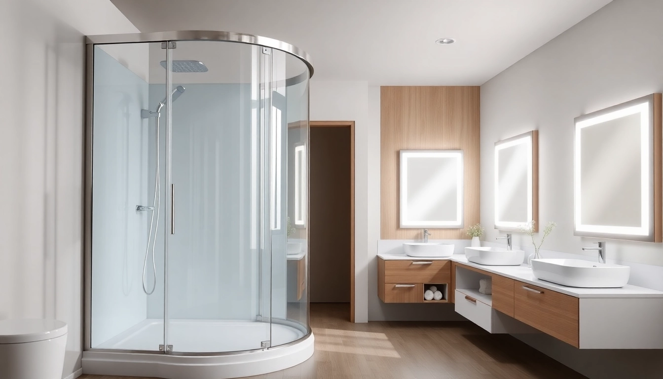 Aménagement de salle de bain chic avec des produits sirhona France, mettant en avant des cabines de douche modernes.