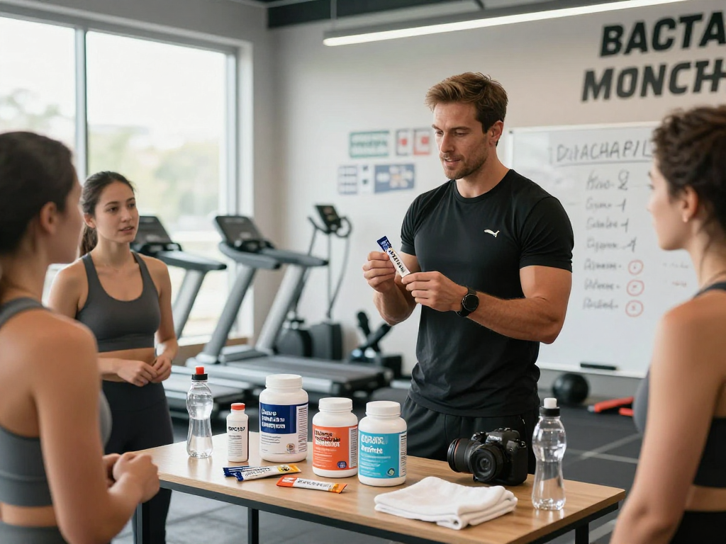 BPC 157 benefits showcased by a fitness coach demonstrating modern buccal strips in a well-lit gym environment.