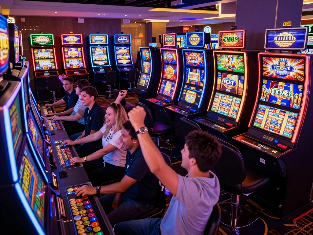 Players enjoying the vibrant slot machines at cm88-t1 casino, celebrating wins with excitement.