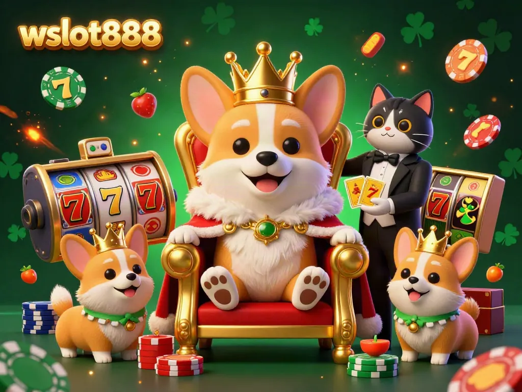 Gambarkan corgi kerajaan wslot888 di tahta chip poker, dikelilingi oleh elemen slot yang semarak.