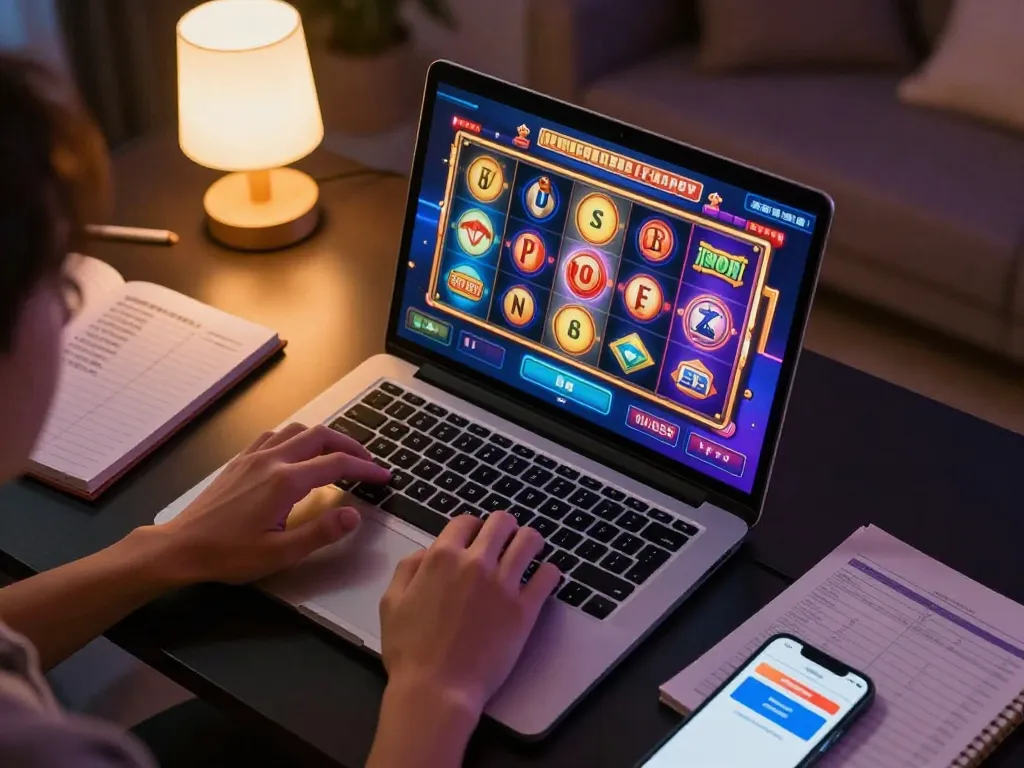 Engaging in slot deposit 10k gameplay on a laptop, showcasing colorful spinning reels and user excitement in a cozy home setting