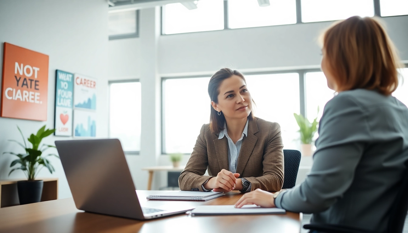 Engaging scene of a Career Coach Gaithersburg, MD with a client in an inspiring office setting.
