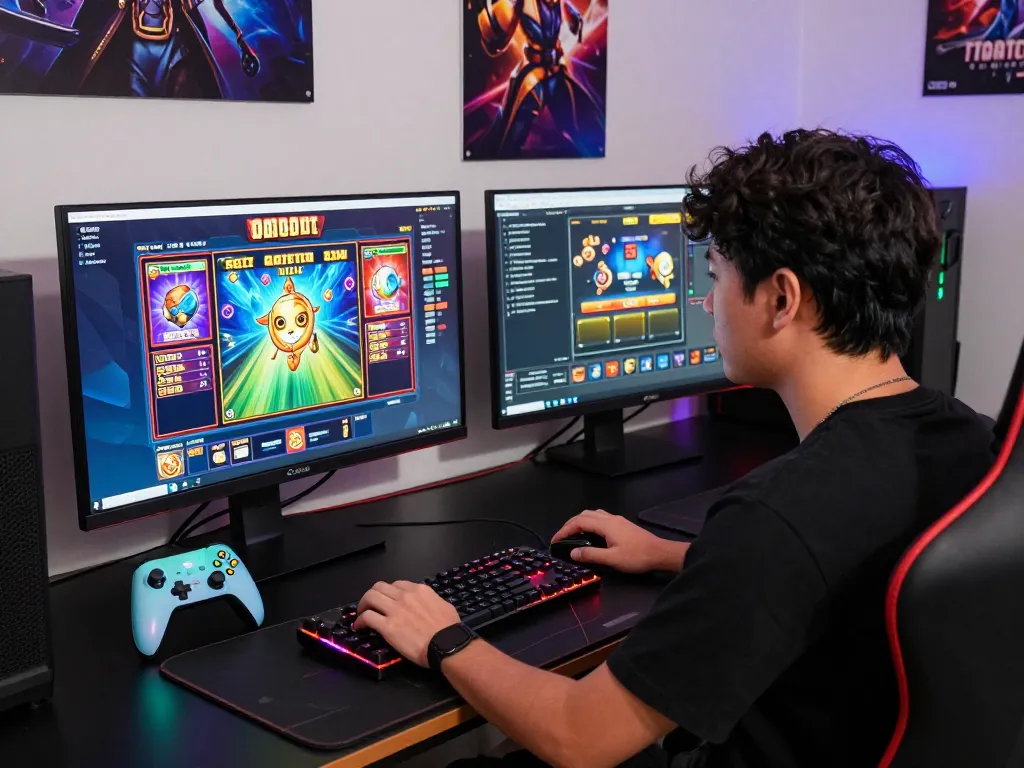 Engaging gaming setup showcasing slot gacor hari ini strategies with monitors, vibrant lighting, and gaming accessories.