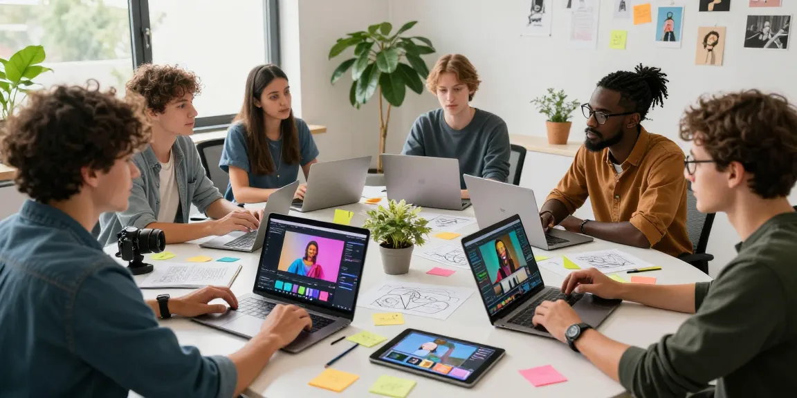 Dynamic creative team using Seedance 2.0 in an innovative workspace, generating AI videos and collaborating effectively.