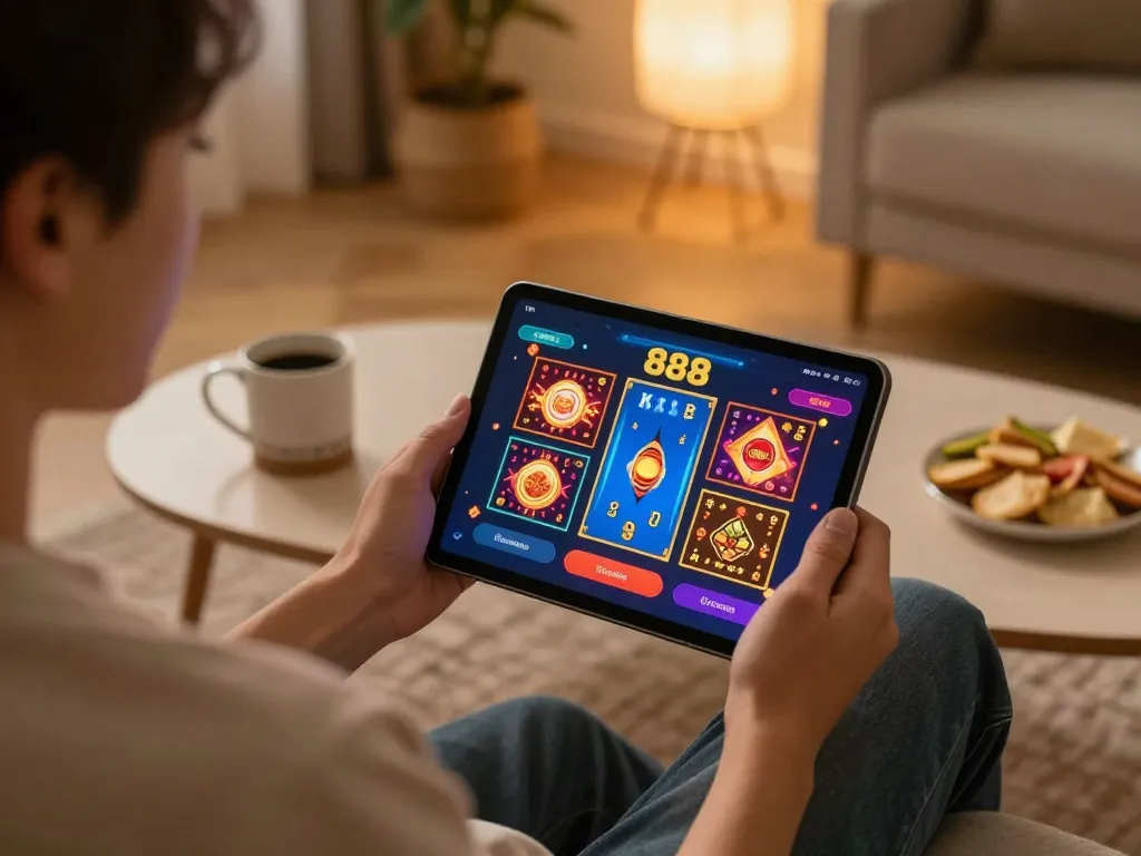 Engaged user playing casino games on open888 app displayed on tablet, illustrating responsible gaming.