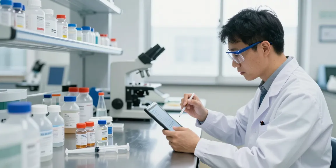 Examining Swiss Chems high-quality peptides in a bright fitness lab.