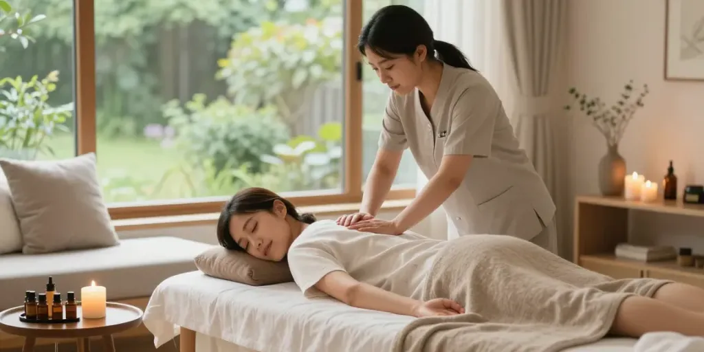 양천구출장마사지 in a serene home setting with a therapist providing a relaxing massage.