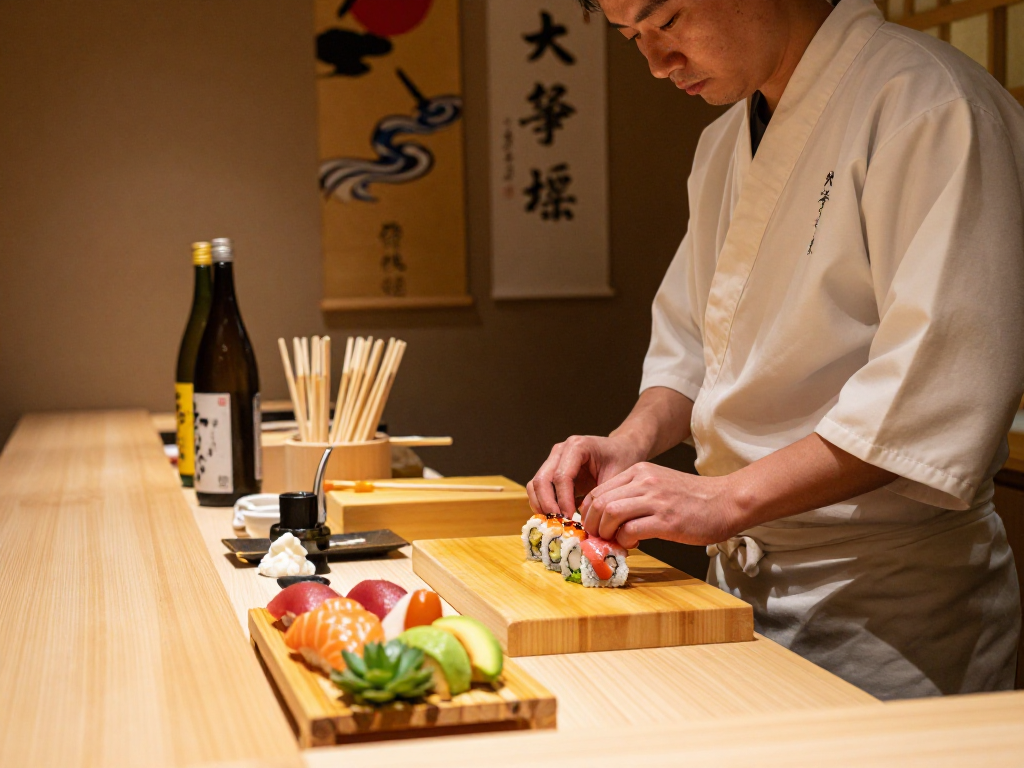 rokok88 sushi chef crafting vibrant rolls in a cozy restaurant