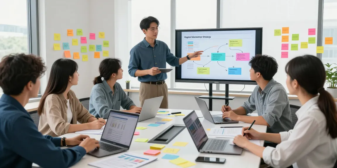 Engaged professionals collaborating on a digital marketing strategy as they crush on innovative ideas.