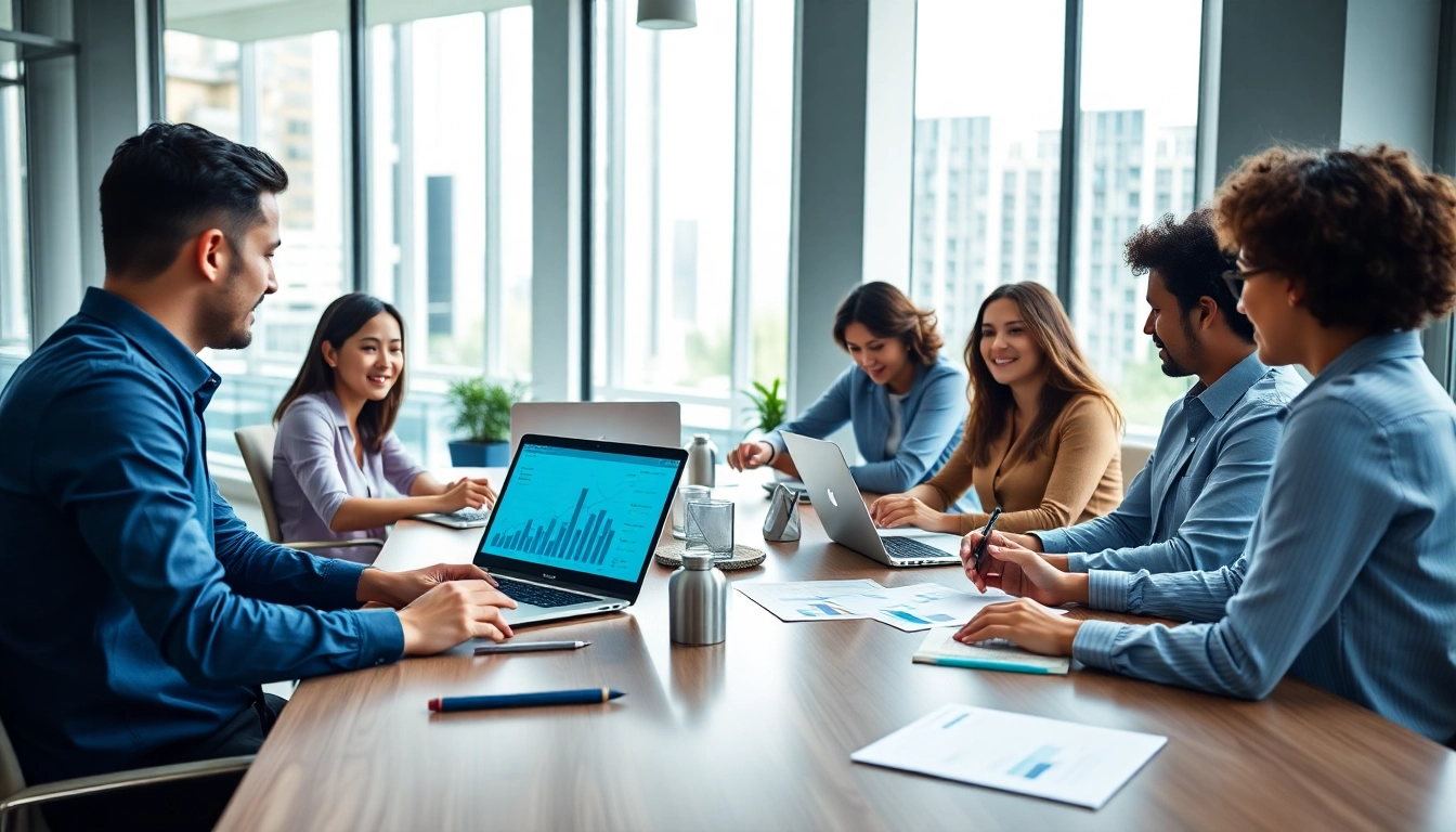 Marketingberatung in einer modernen Büroszene mit einem dynamischen Team, das an digitalen Strategien arbeitet.