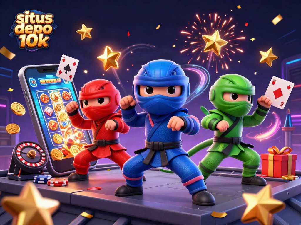 situs depo 10k showcases a vibrant scene with ninja chameleons and casino elements celebrating victories.