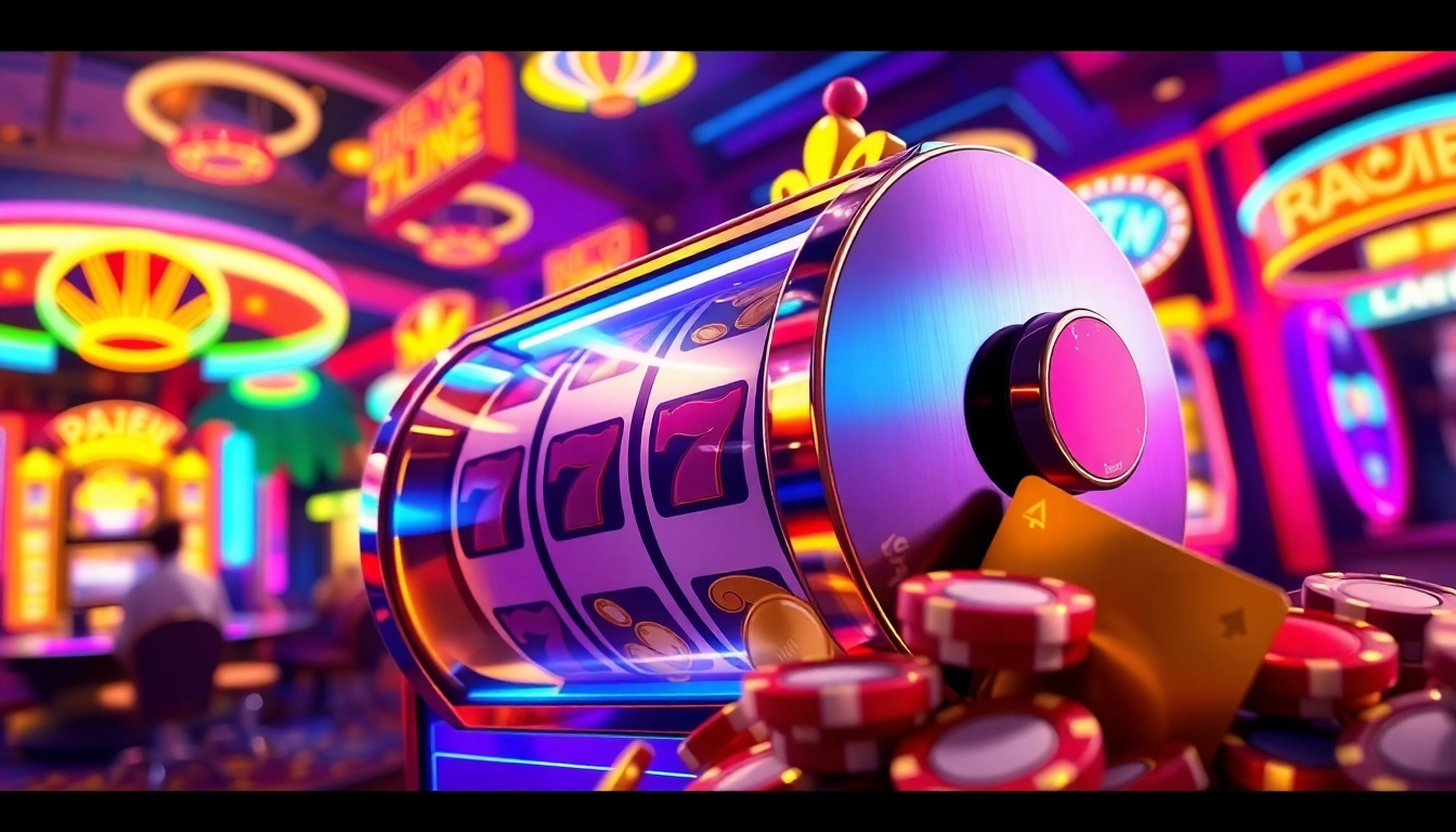 Putar pakde4d slot dengan mesin slot mewah di tengah kasino yang cerah.