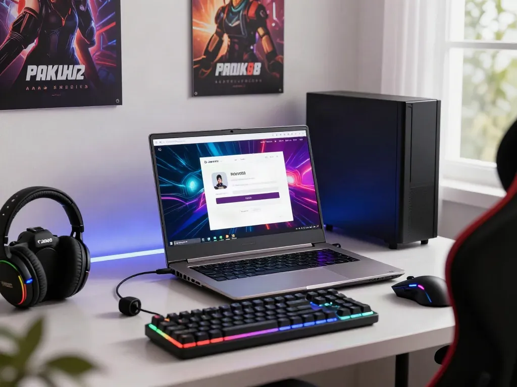 rokok88 login interface on a gaming laptop amidst vibrant gaming accessories in a modern workspace