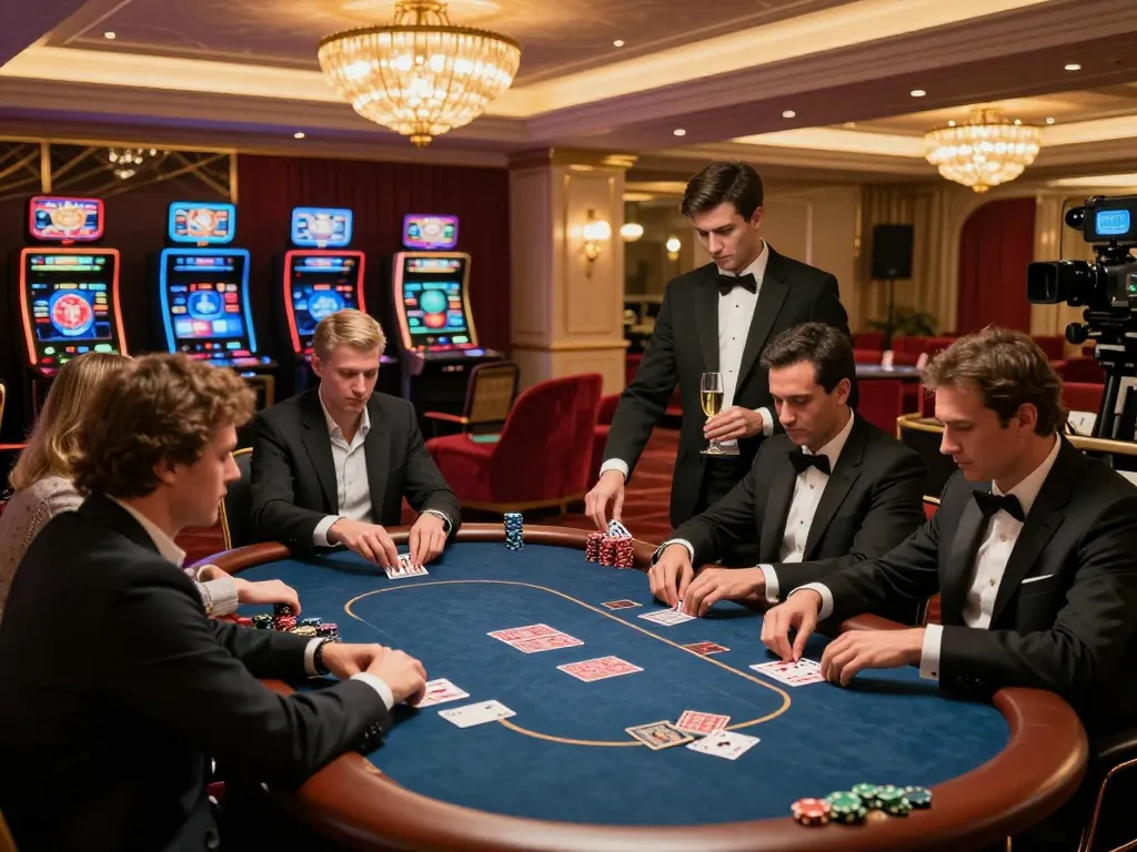 Kubet players enjoying high-stakes poker in a luxurious casino VIP room atmosphere